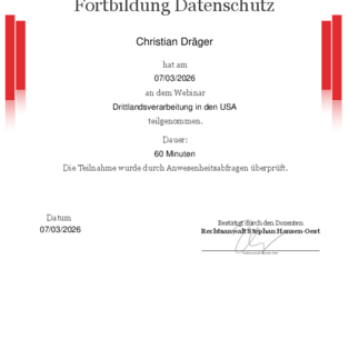 Fortbildungsnachweis - Drittlandsverarbeitung in den USA