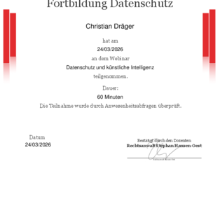 Fortbildungsnachweis - Datenschutz und künstliche Intelligenz